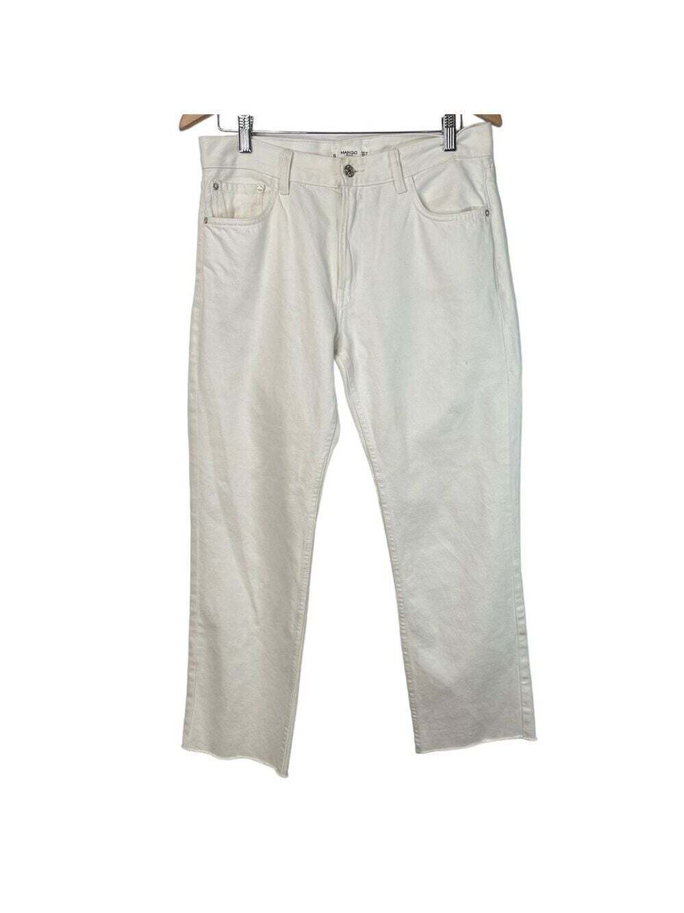 MANGO Denim White Jeans Size 6 Frayed Hem Relaxed Casual